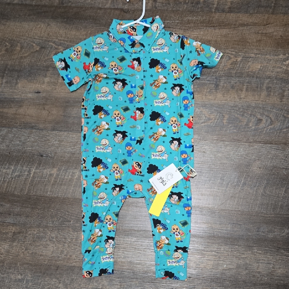 2t Bamboo Kids Short-Sleeve One-Piece Romper in Teal Character Print